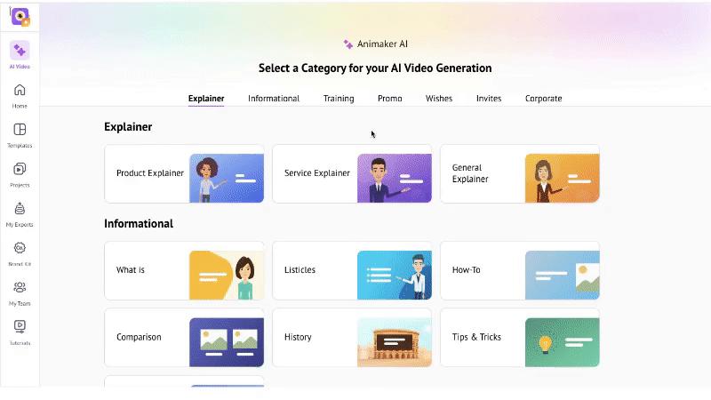 Different categories to generate animated videos with ai